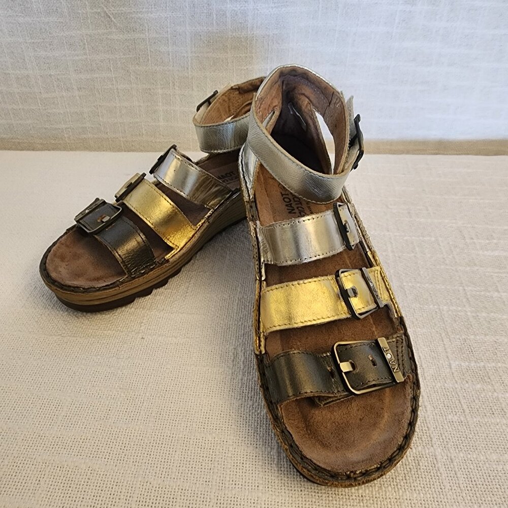 Naot  Begonia Sandal Pewter Metallic Combo Leather Gladiator Women EU 37 US 6